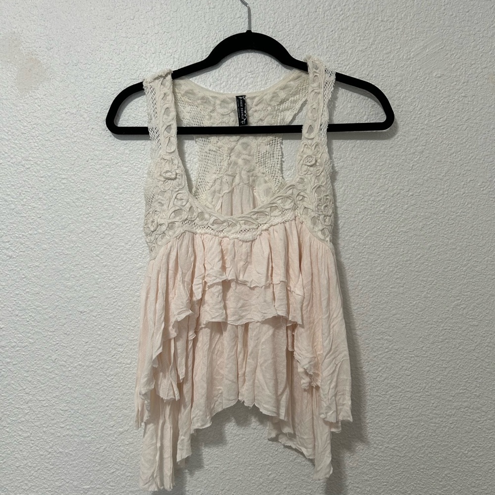 Free People Cream Asymmetrical Ruffled Tank Top